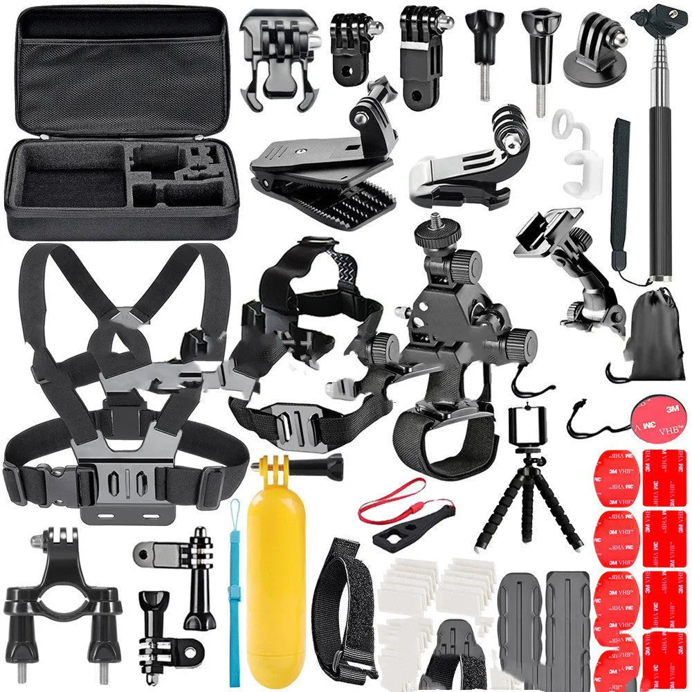 Black GoPro accessory set with chest strap, helmet mount, and tripod adapter for Hero 4 3 2 cameras