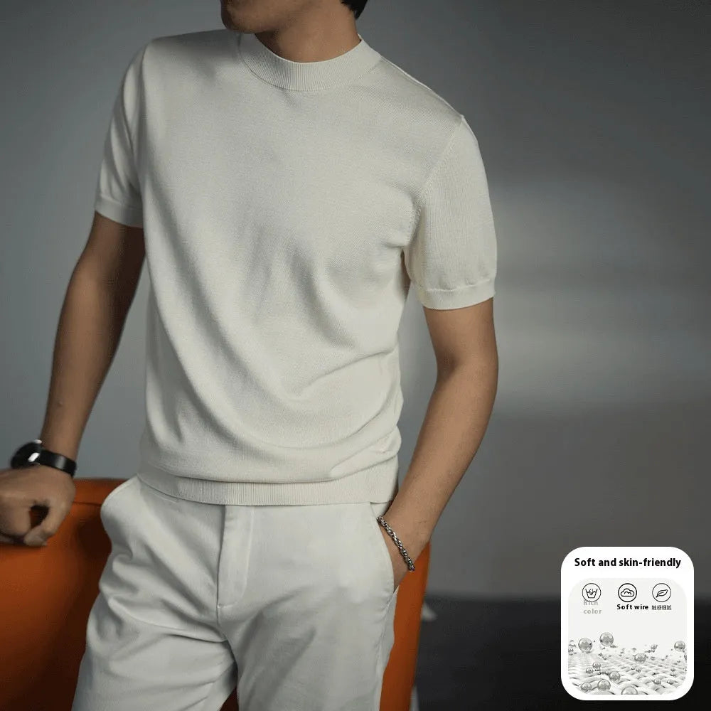 Men's knitted business T-shirt in solid colours with round neck and short sleeves