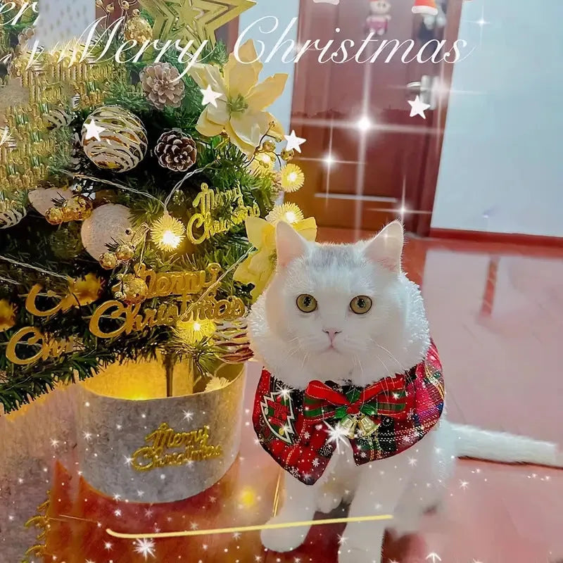 Red festive pet scarf with bell print draped on a dog's neck for winter and Christmas.