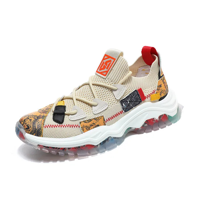 Men's beige platform dad sneakers with a mesh upper and round toe on a white background