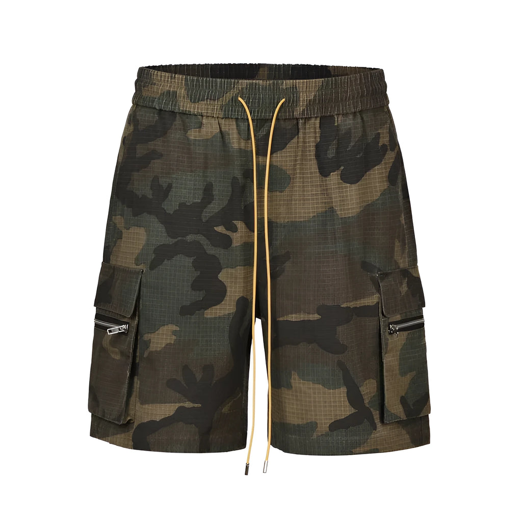Men's green washed camouflage cotton shorts with a loose fit and mid waist design