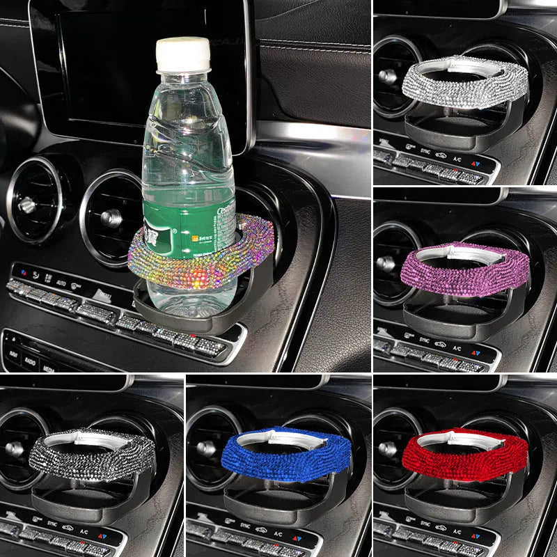 White diamond-decorated car cup holder bracket clipped onto a vehicle air vent.