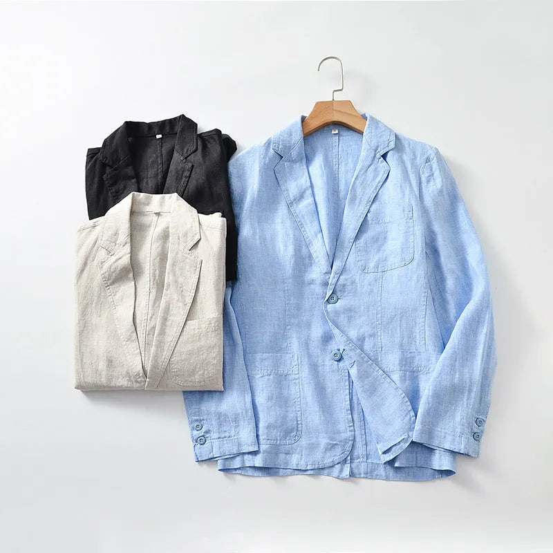 Men's thin solid-colour linen suit coat with notch lapel and chest pocket on a hanger.