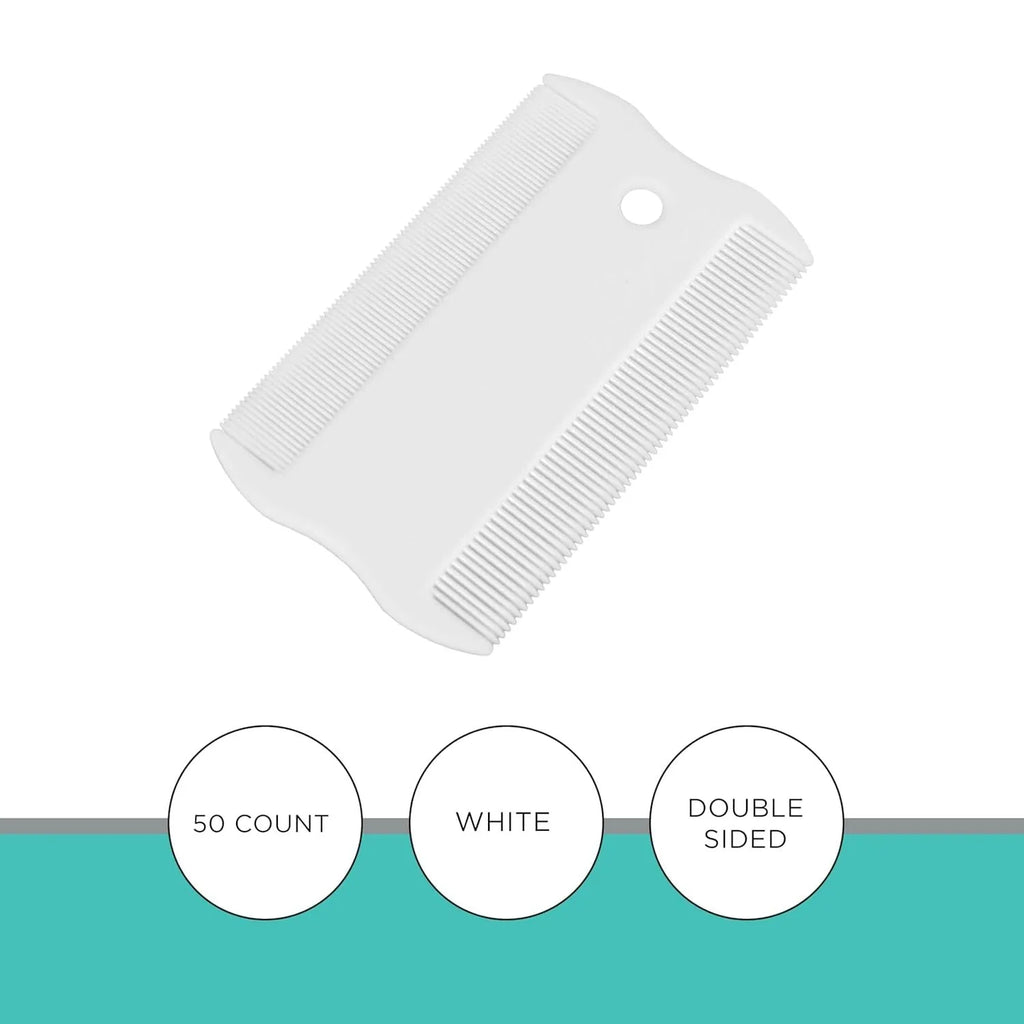 Double-sided plastic flea comb for pets showing fine teeth and grate mouth designs on a white background.