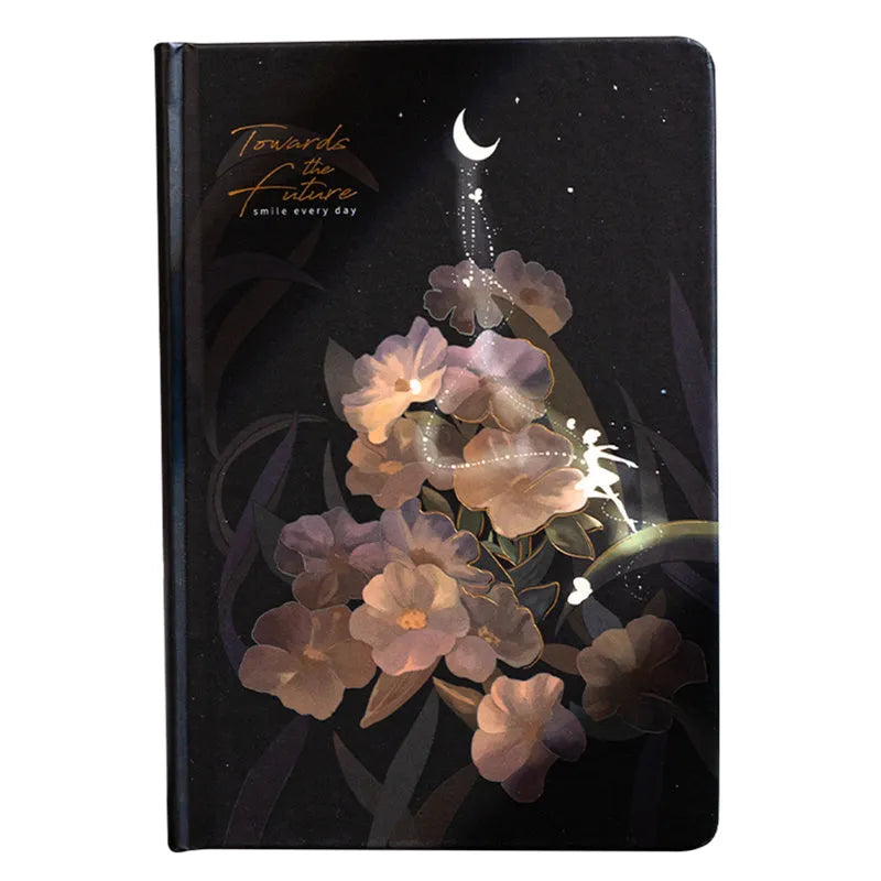 A5 size notebook with a luminous reflective cover, open to show internal pages with colour illustrations.