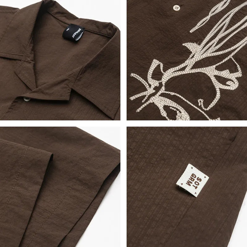 Brown striped men's short sleeve outdoor shirt with a Cuban collar on a hanger