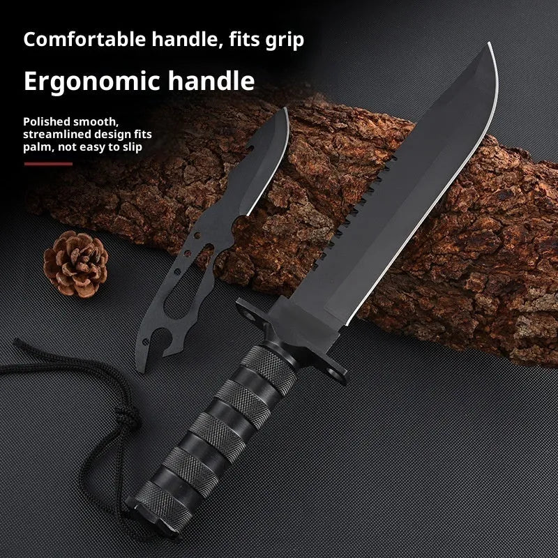 Keel multifunctional small straight tactical knife with 8Cr19MoV steel blade and aluminium alloy handle on neutral background