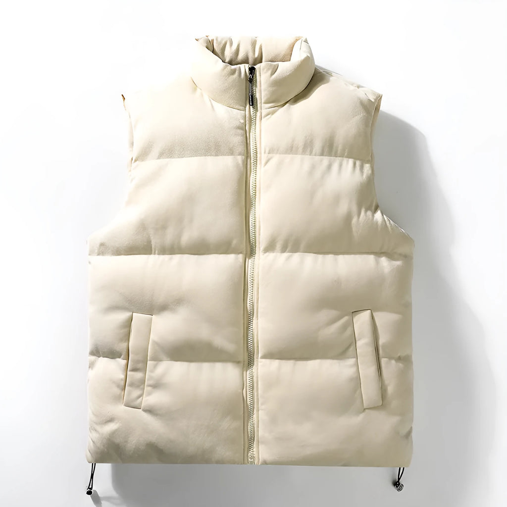Men's winter stand-up collar padded vest in solid colour with topstitching slit pockets, loose fit cardigan style