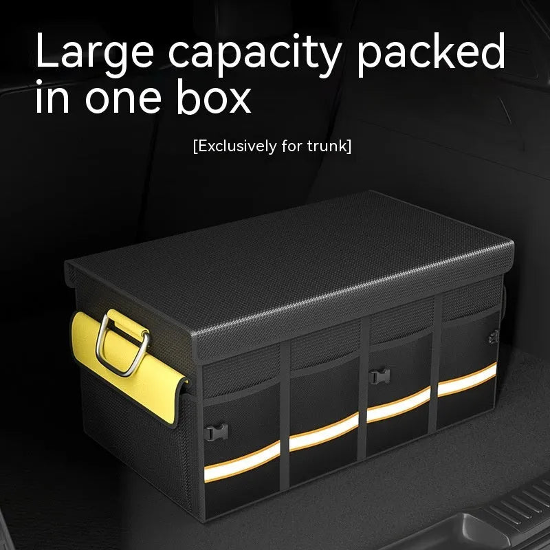 Black and yellow foldable fabric car boot storage organiser bag with handle