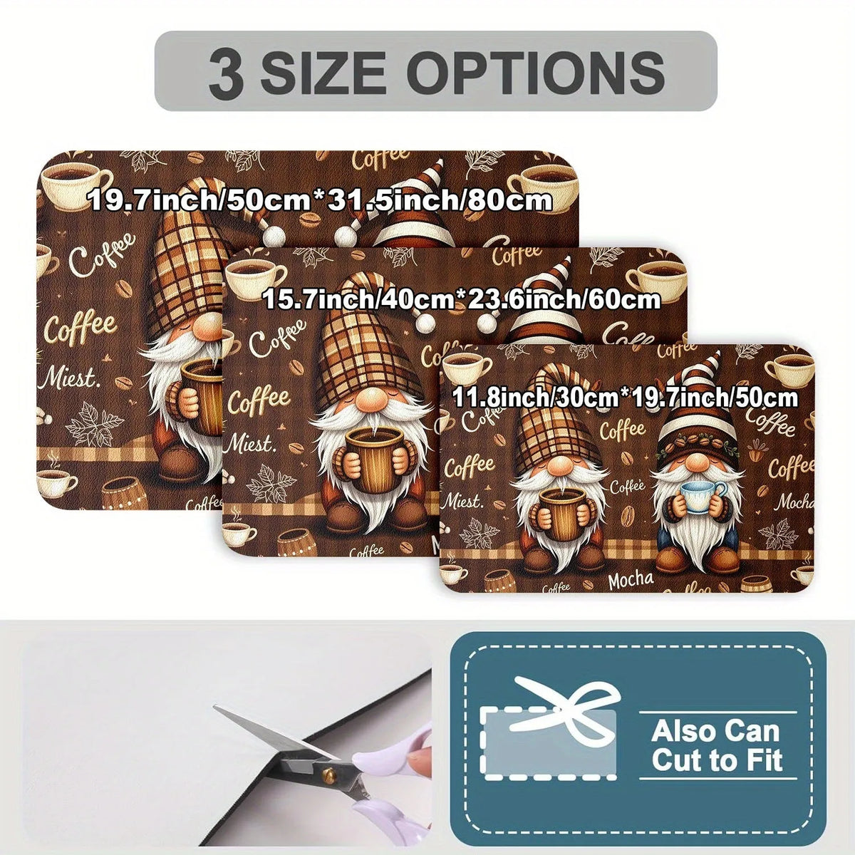 Square PVC kitchen countertop draining pad for coffee maker in K Coffee Time design, 30x40cm to 50x60cm