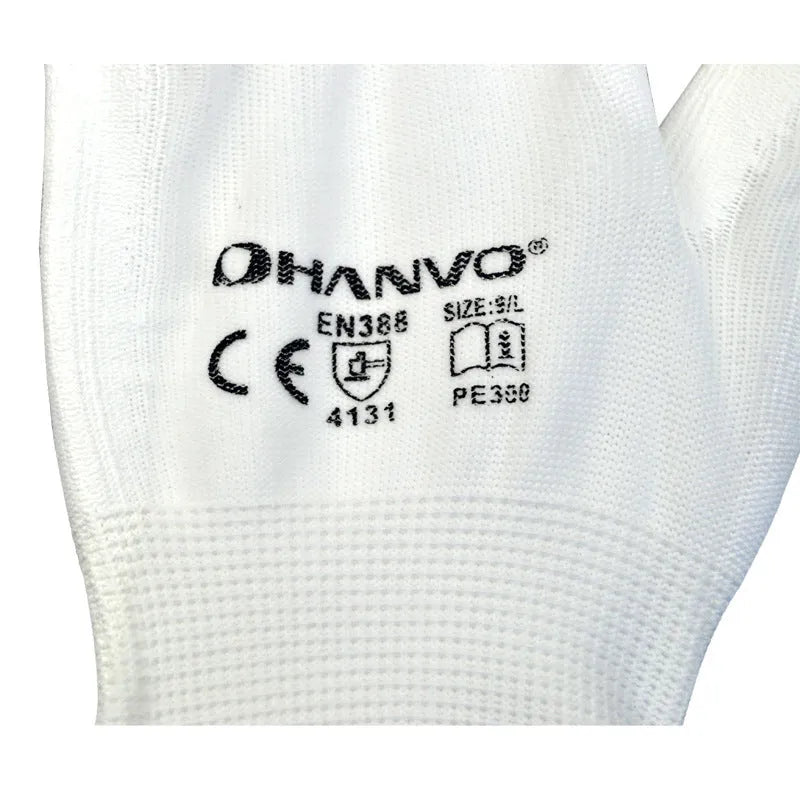 White PU coated labour gloves showing cotton backing and palm coating with 24cm length measurement
