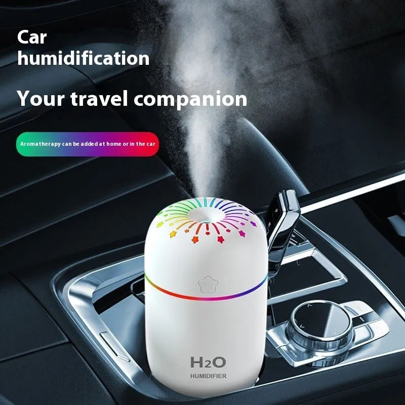 White USB mini humidifier with 300ml water tank on desk beside laptop