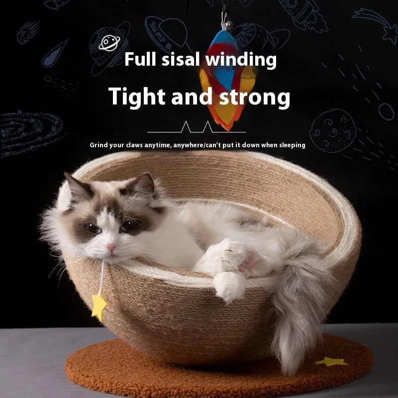 Large integrated cat scratching basin and nest with sisal scratching surface and flannel lining