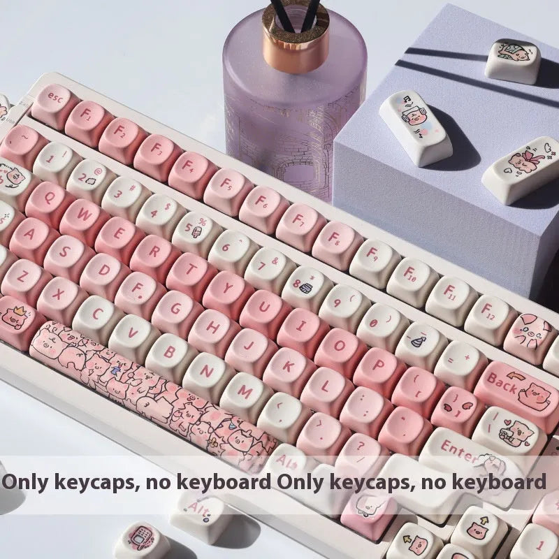 Pink PBT mechanical keyboard key cap with a detailed fragrant pig character design on all sides.