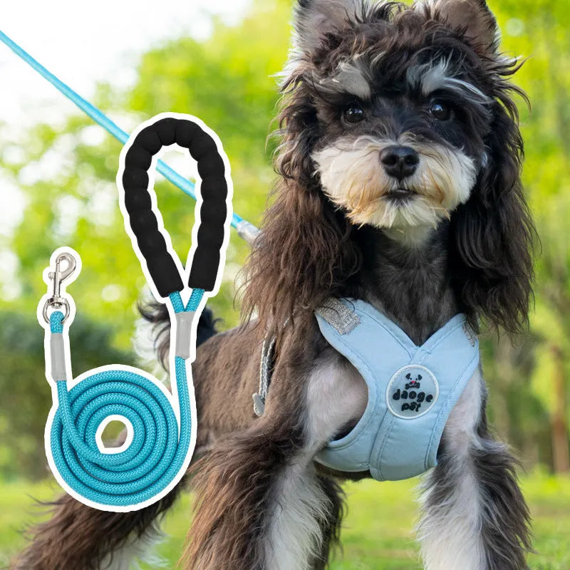 Polyester dog vest and hand holding leash set in blue, green, pink, or yellow.