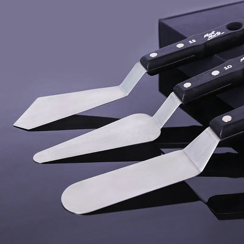 Three stainless steel palette knives for oil and acrylic painting with different blade sizes