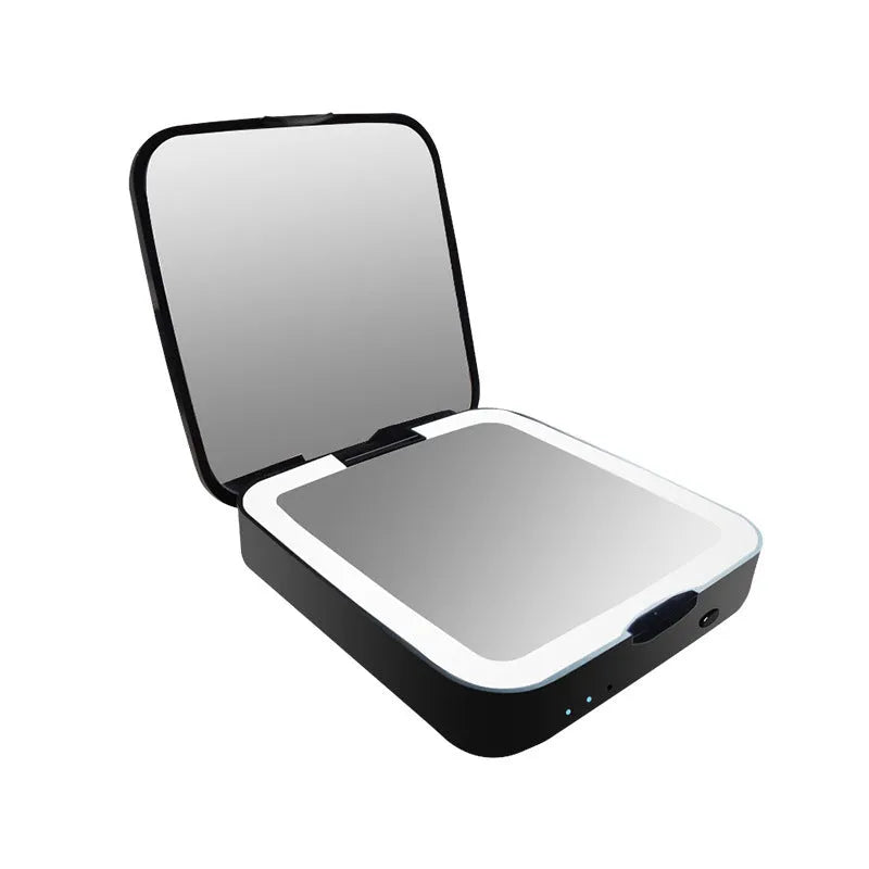 Makeup mirror with dual reflection surfaces and adjustable lighting in black or white colour options