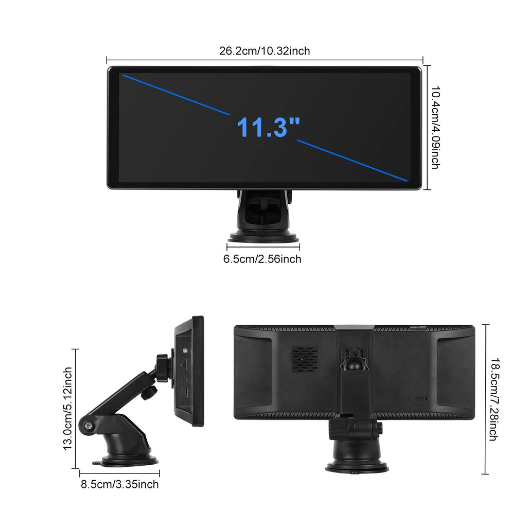 11.3-inch Android car touch screen display with wireless CarPlay and Android Auto on vehicle dashboard