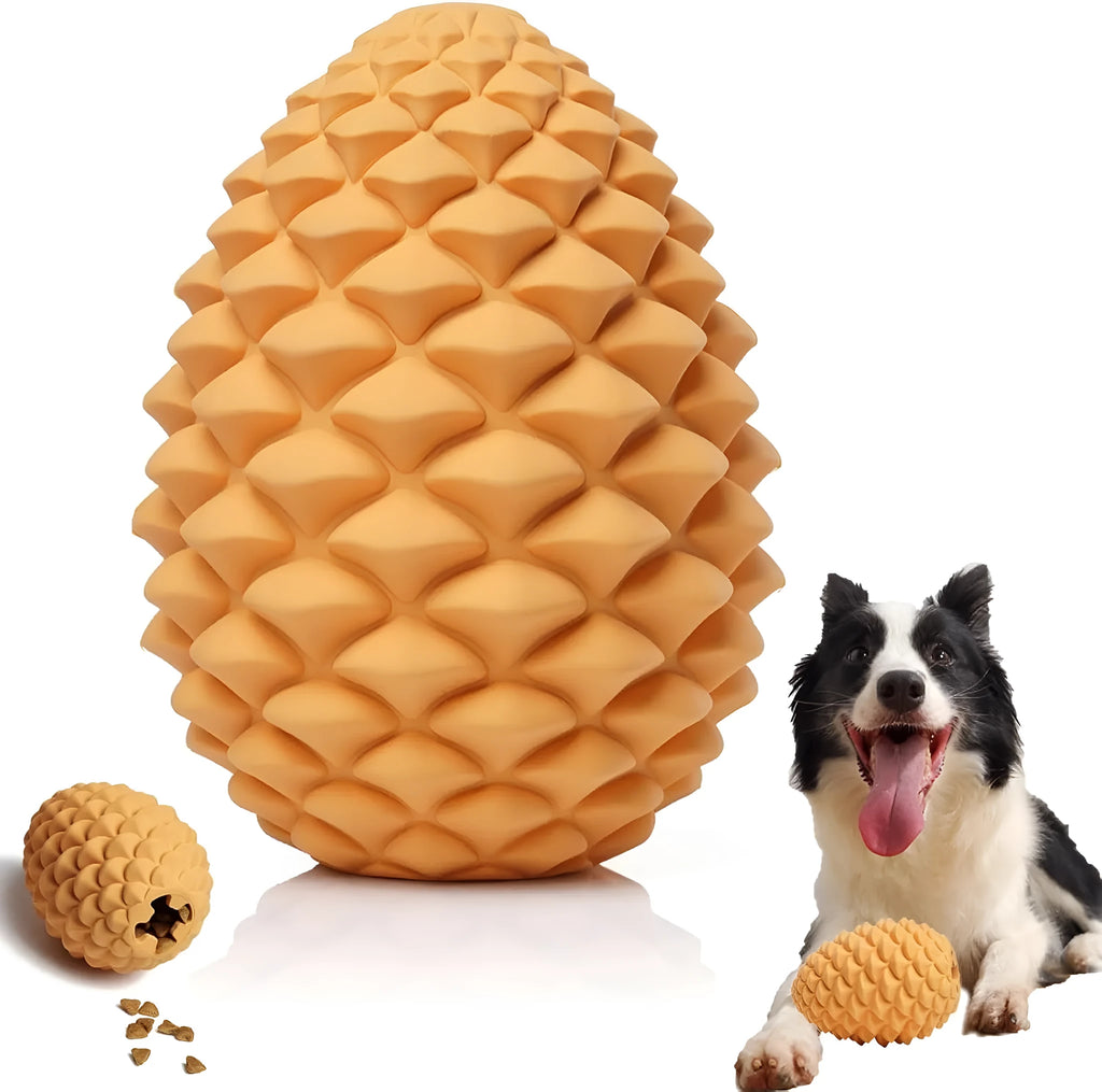 Pine cone shaped natural rubber dog toy for aggressive chewers with treat dispenser