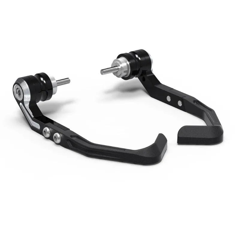 A pair of CNC-machined black bow guard pads for Honda CBR650 motorcycle brake horn protection.