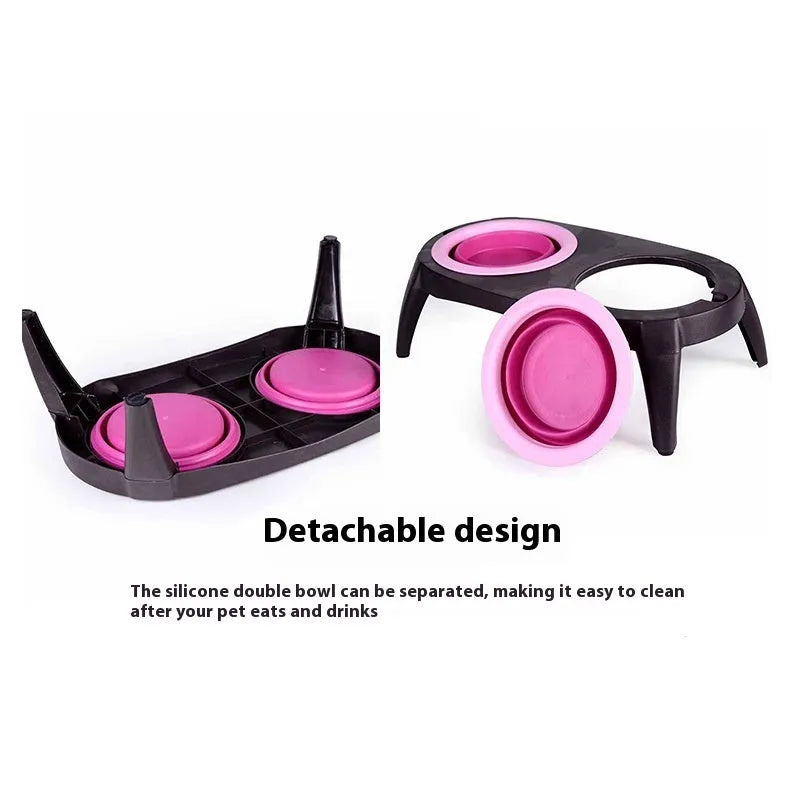 Blue and pink folding double bowl pet feeder made from TPR and PP materials portable travel dog bowl