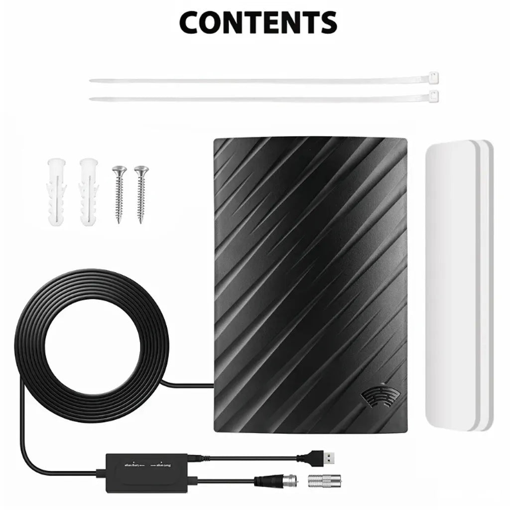 Black plastic digital television antenna with mounting accessories for home HD reception