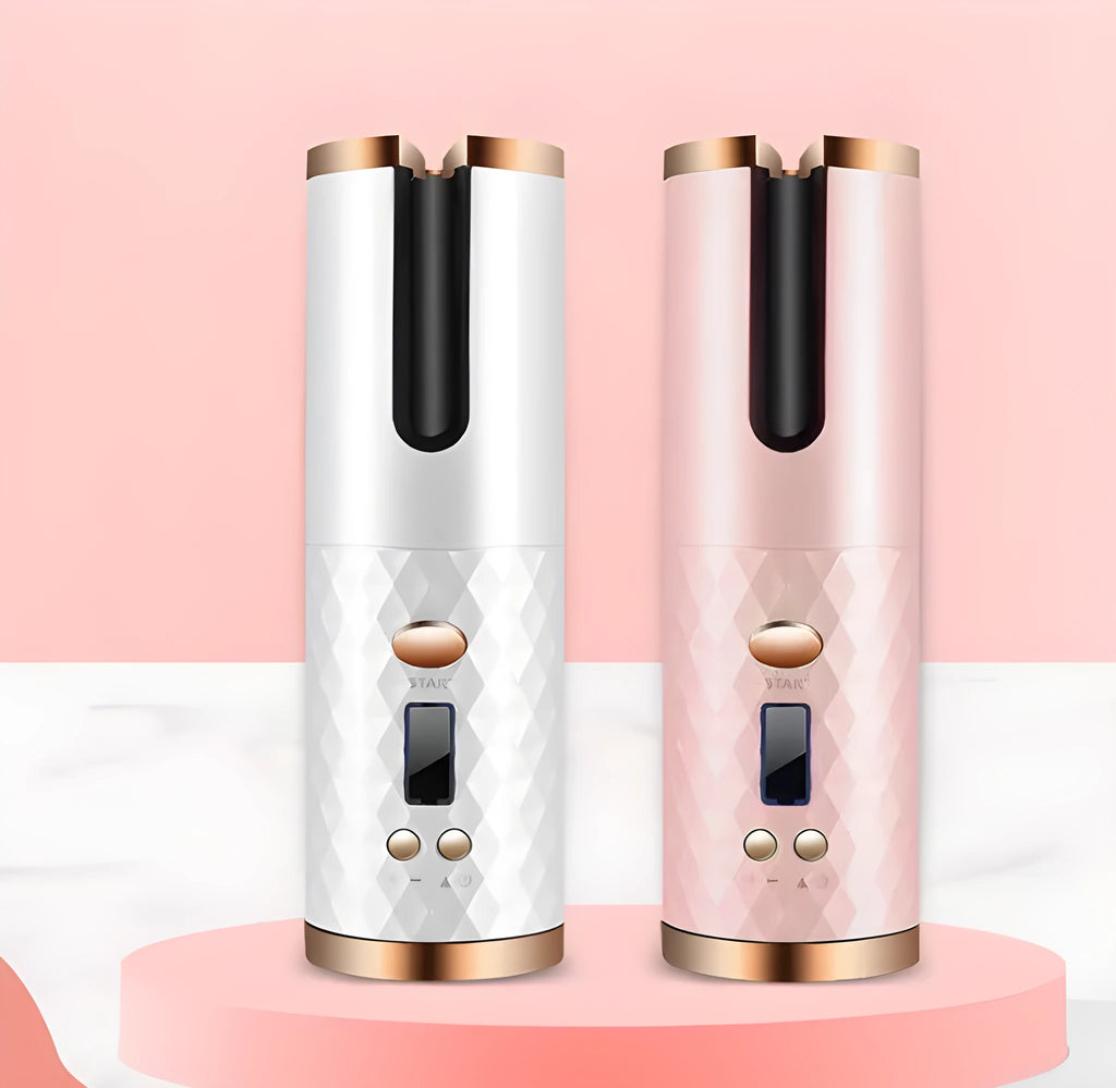 White portable mini curling iron with USB charging cable and gold ceramic barrel on a plain background.