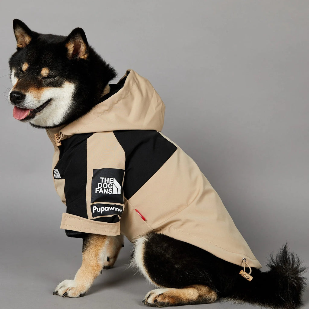 Khaki polyester dog shell jacket with zip closure shown on a dog