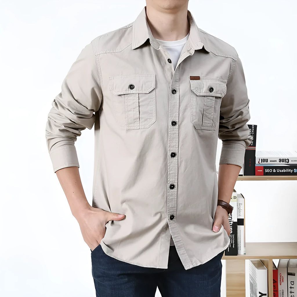 Cotton men's shirt in loose fit long sleeve military style, available in beige and other colours
