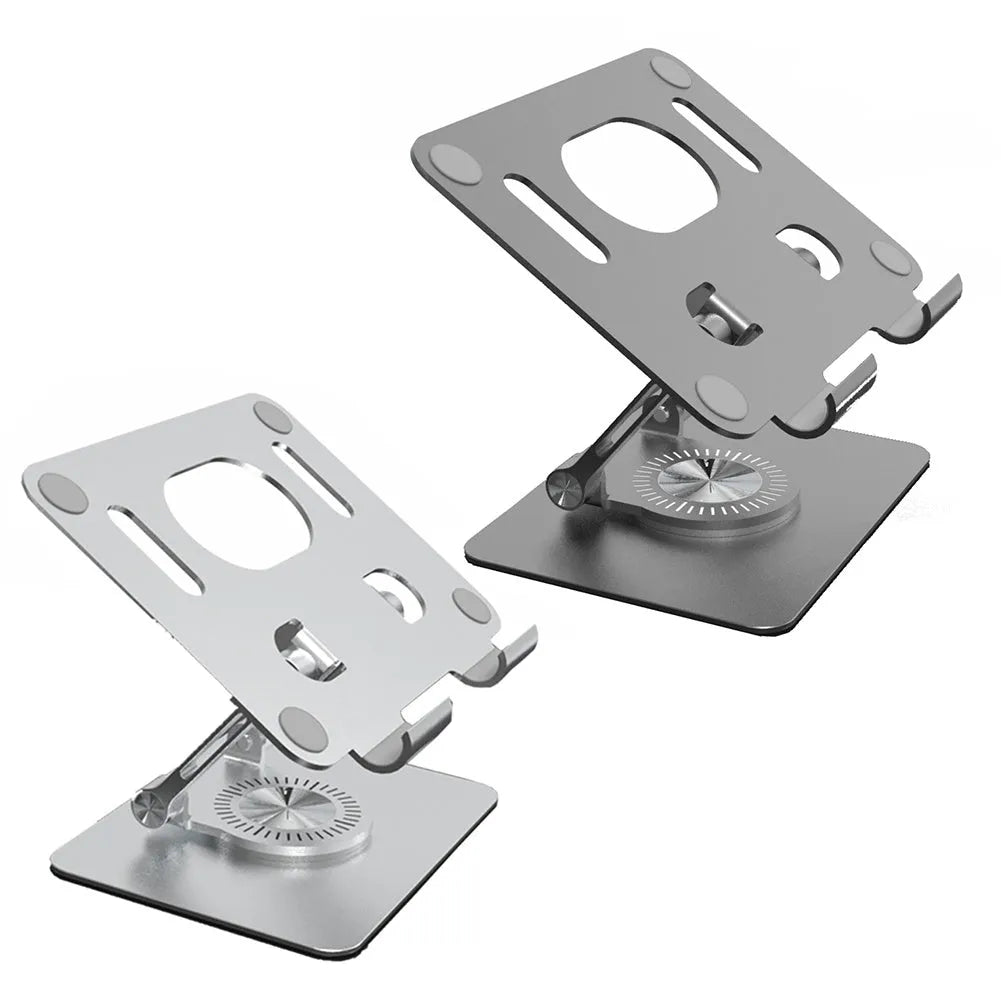 Rotating aluminium tablet stand extended to maximum height with tablet in portrait orientation