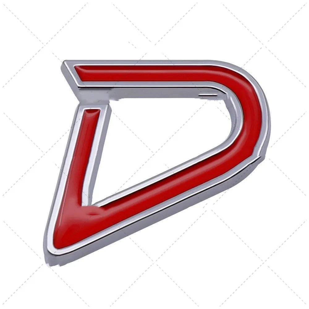 Red and silver SD design metal bumper sticker next to smaller red and black D design, showing scale.