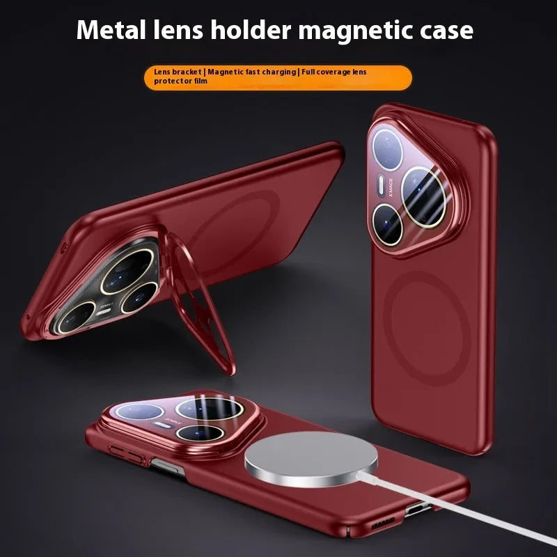 Huawei P80 magnetic lens bracket phone case in black, silver, and bright red frosted PC material