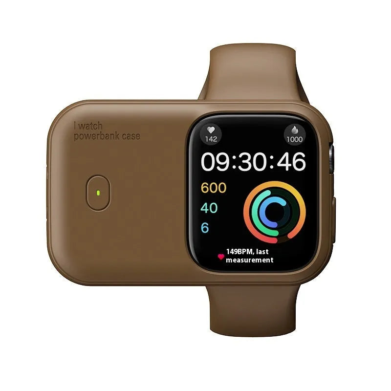 Apple Watch portable charging case with silicone protective case in Brown, Midnight Blue, and Starlight colours