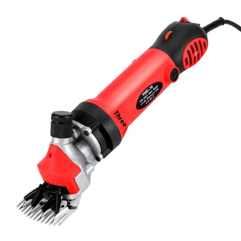 Yellow electric wool shears with 110V plug and multiple blade sets including straight and curved knives