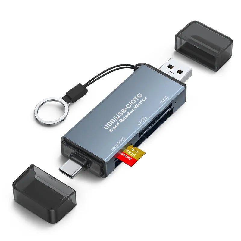 Silver aluminium three-in-one memory card reader for CF, SD, and TF cards with USB and Type-C ports.