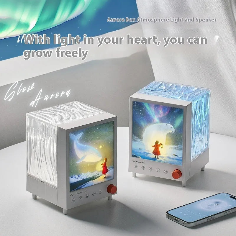 Aurora Treasure Box Star Sea Whale projection lamp with Bluetooth on a table.