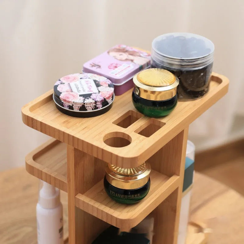 Natural bamboo rotating storage rack with multi-layer grid shelves for home organisation
