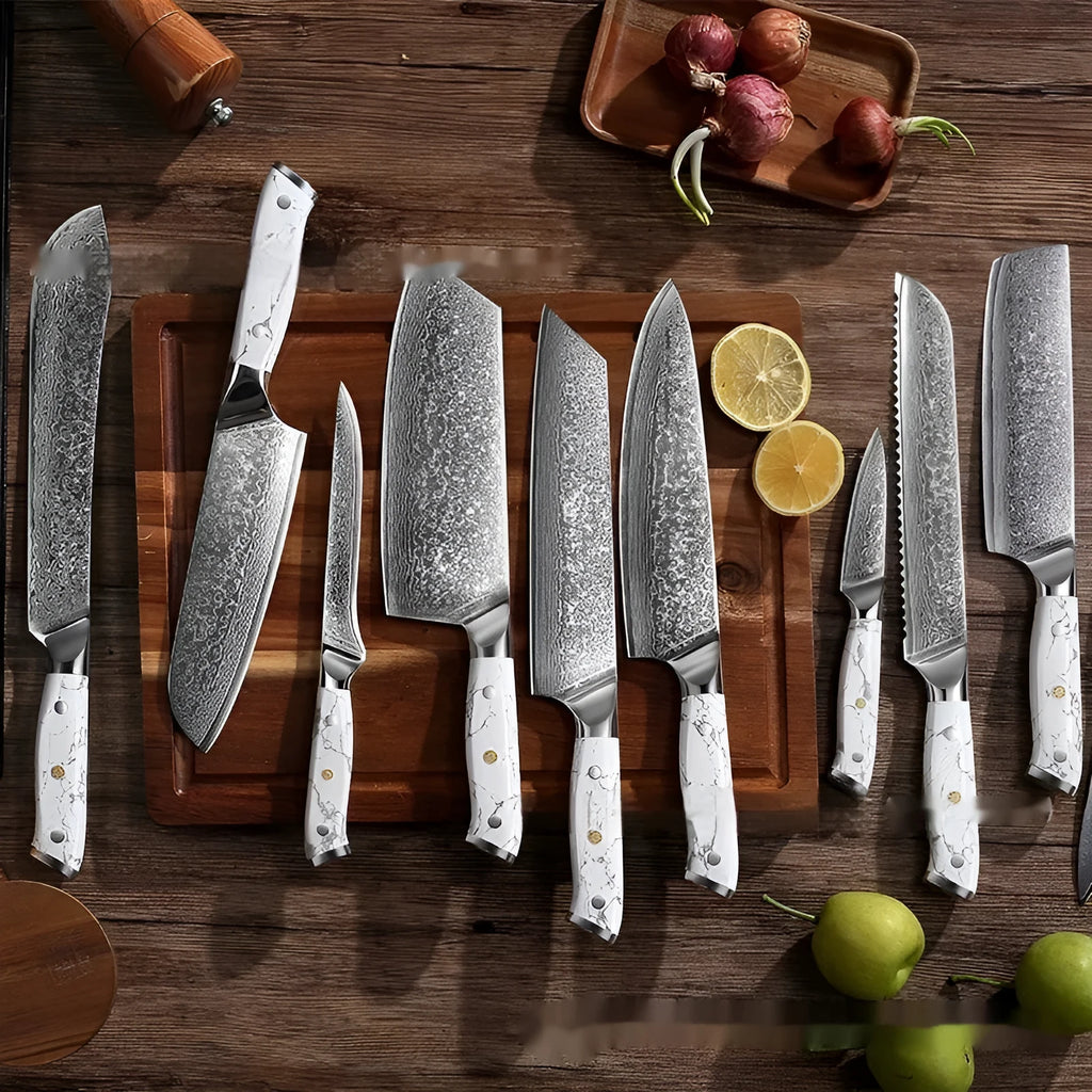 Damascus pattern chef's knife with 32cm total length on kitchen counter