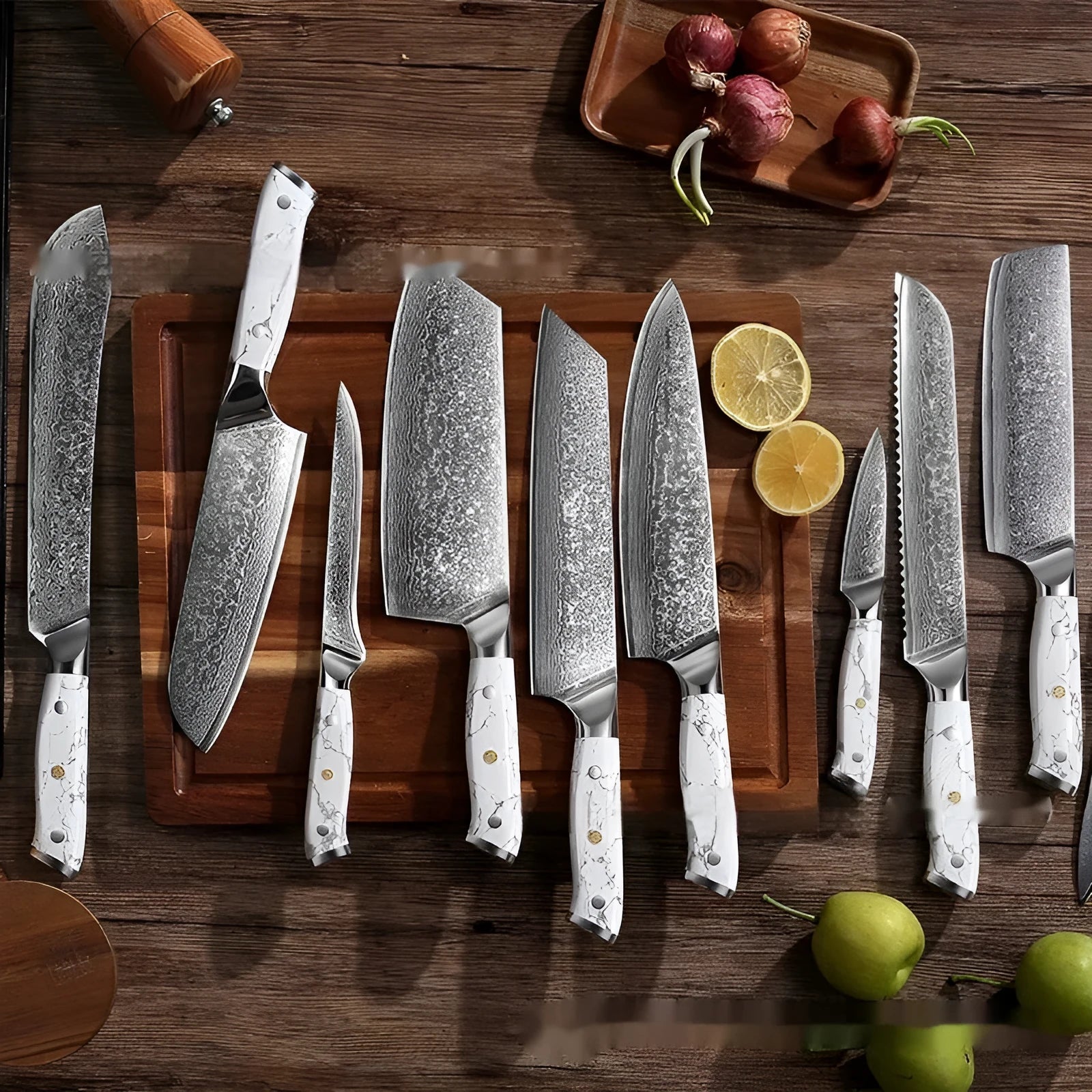Damascus pattern chef's knife with 32cm total length on kitchen counter