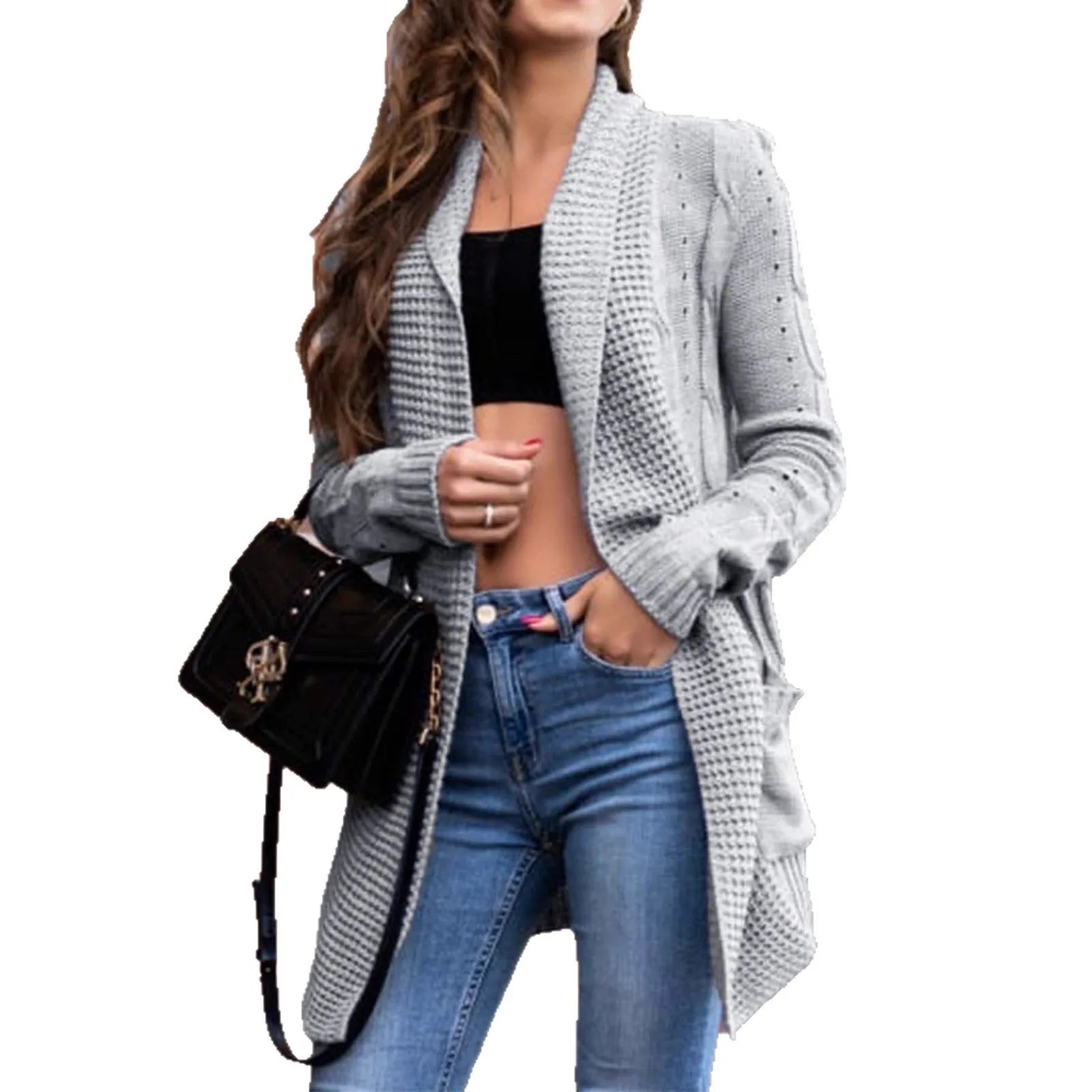 Grey women's viscose cardigan coat with front pockets and loose street fashion style
