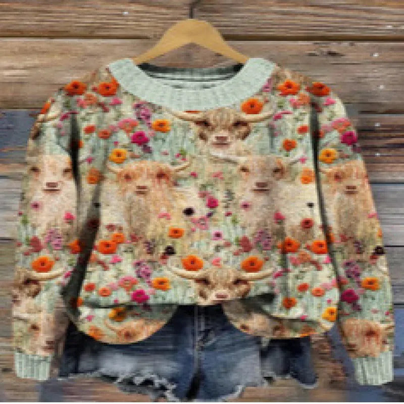 Women's floral print round neck polyester sweater shown in multiple colour options