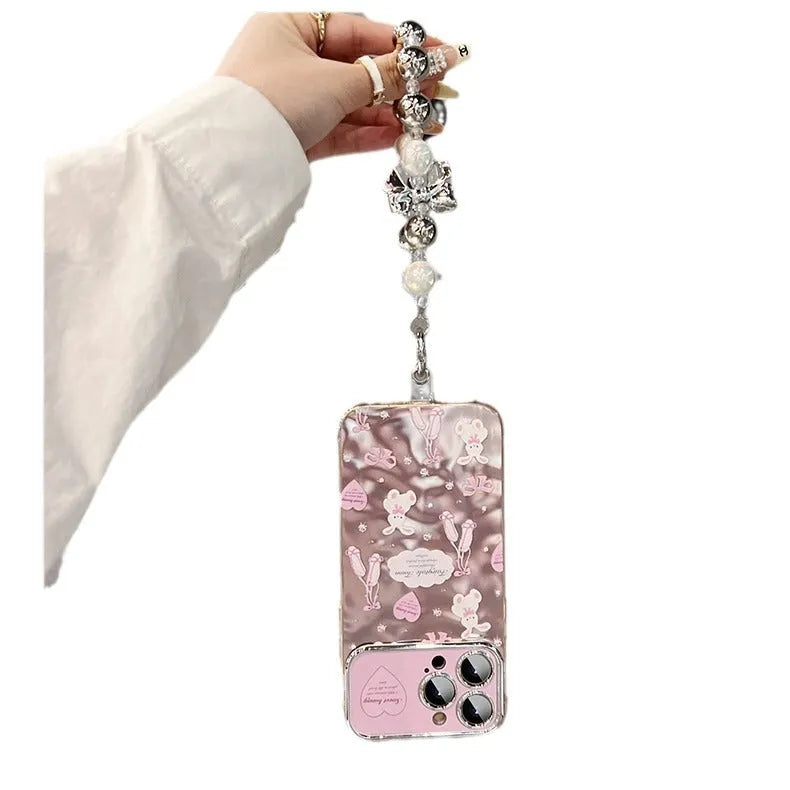 Pink frosted rabbit print silicone phone case with wristband lanyard for iPhone