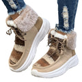 Beige women's lace-up mid-top snow boots with suede upper and thick rubber sole.