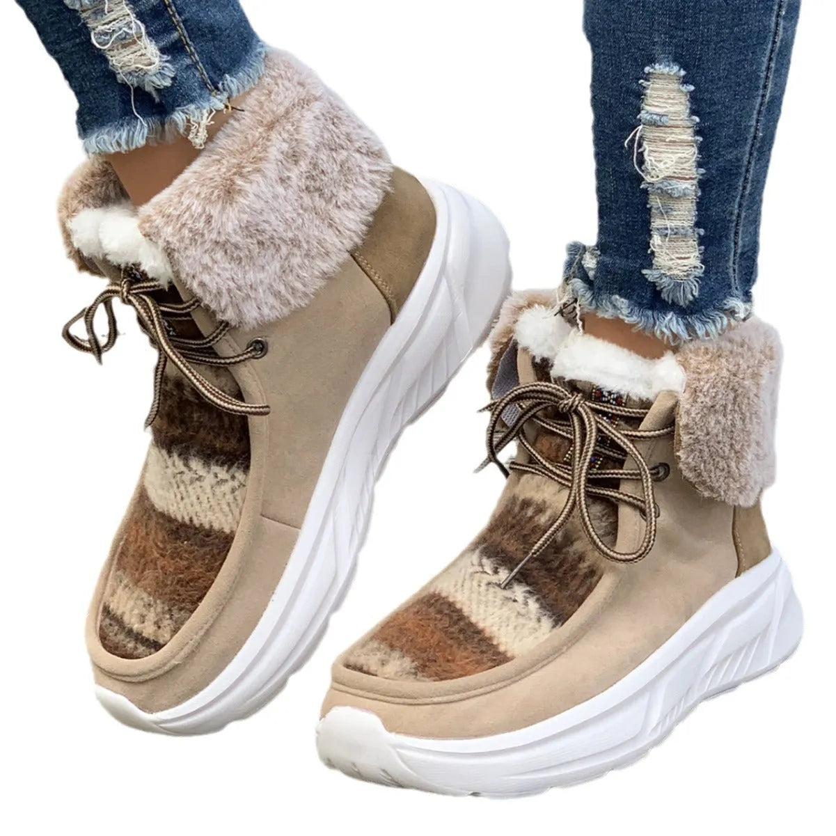 Beige women's lace-up mid-top snow boots with suede upper and thick rubber sole.