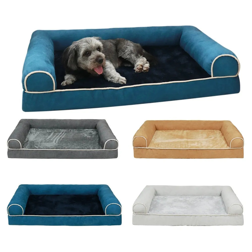 A square blue cloth dog bed with a sponge interior, shown next to size and colour options.