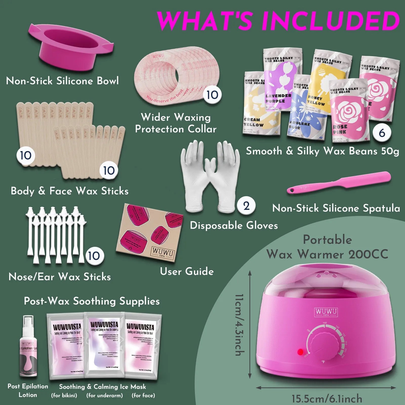 WUWUVISTA 56-piece professional waxing kit with black wax warmer, coloured wax beads, applicators, and aftercare products.