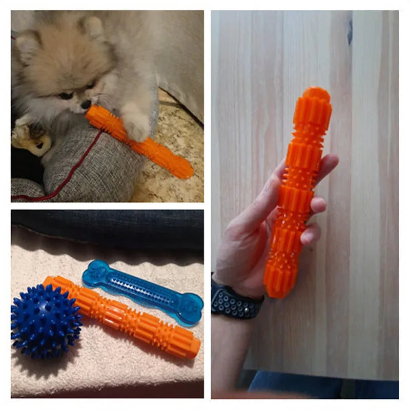 Green and orange durable rubber dog chew toy with treat hole and squeaker for aggressive chewers