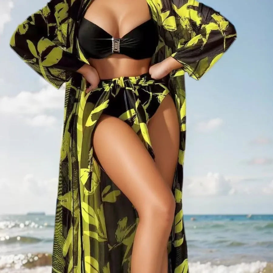 Women's Long Shirt High Waist Swimsuit Split Bikini Three Piece Set Sexy European American Style Black Peacock Blue Fluorescent Green Red Sapphire Blue Yellow S M L XL Polyester Adult Swimming and Wading Swimwear
