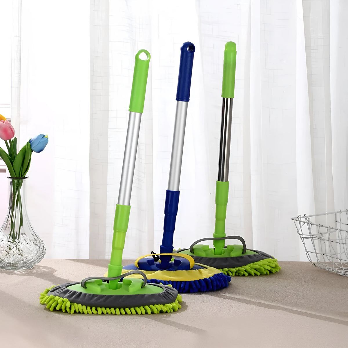 Three-section aluminium alloy telescopic car mop with green cotton cloth head