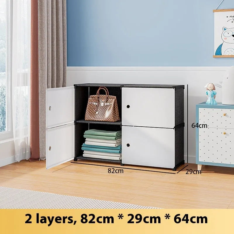 Black and white PP grid storage cabinet with door, modular floor unit for living room